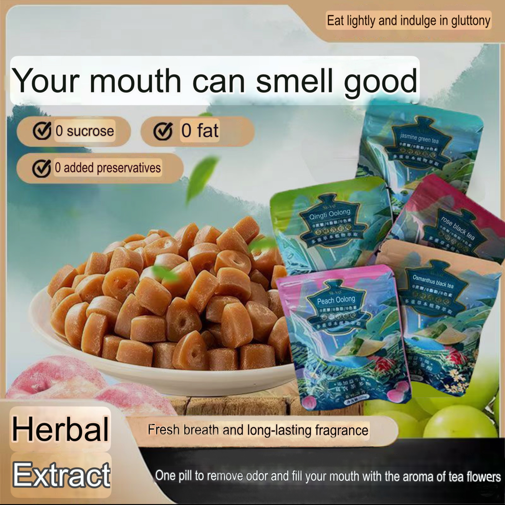 Tea candy without sucrose, Chewing gum,