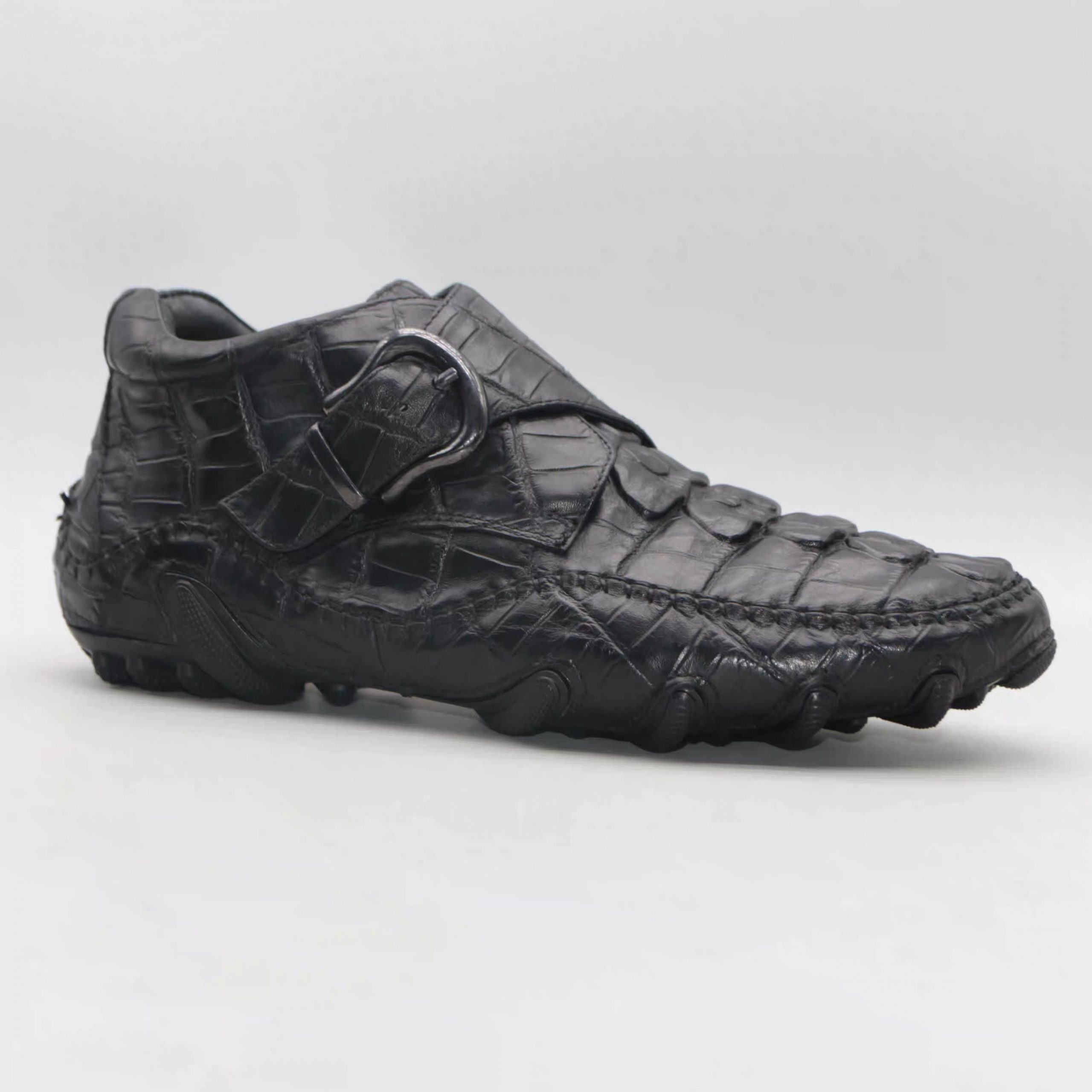 Men's Leather Crocodile Pattern Black Buckled Loafers - Image 4