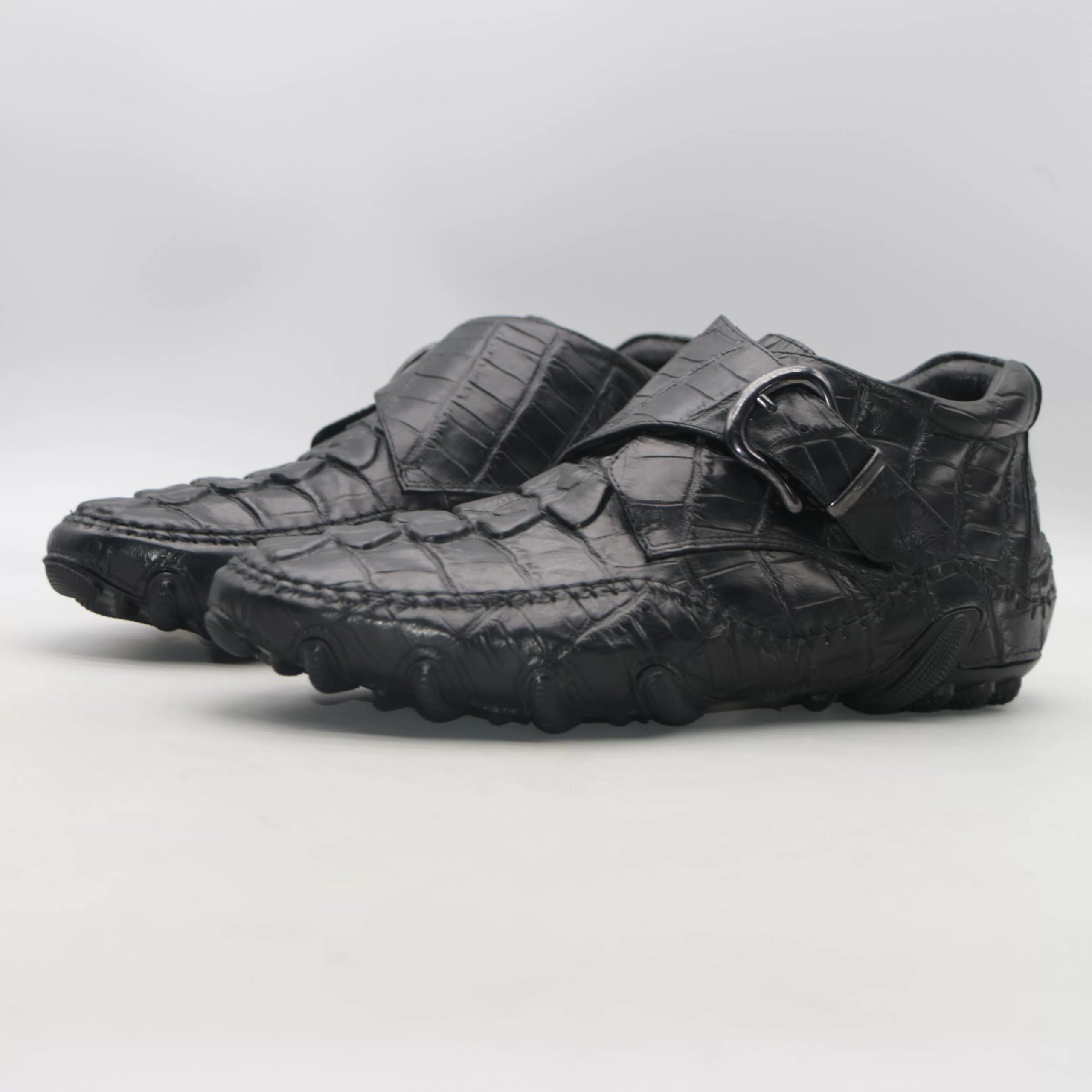 Men's Leather Crocodile Pattern Black Buckled Loafers - Image 5