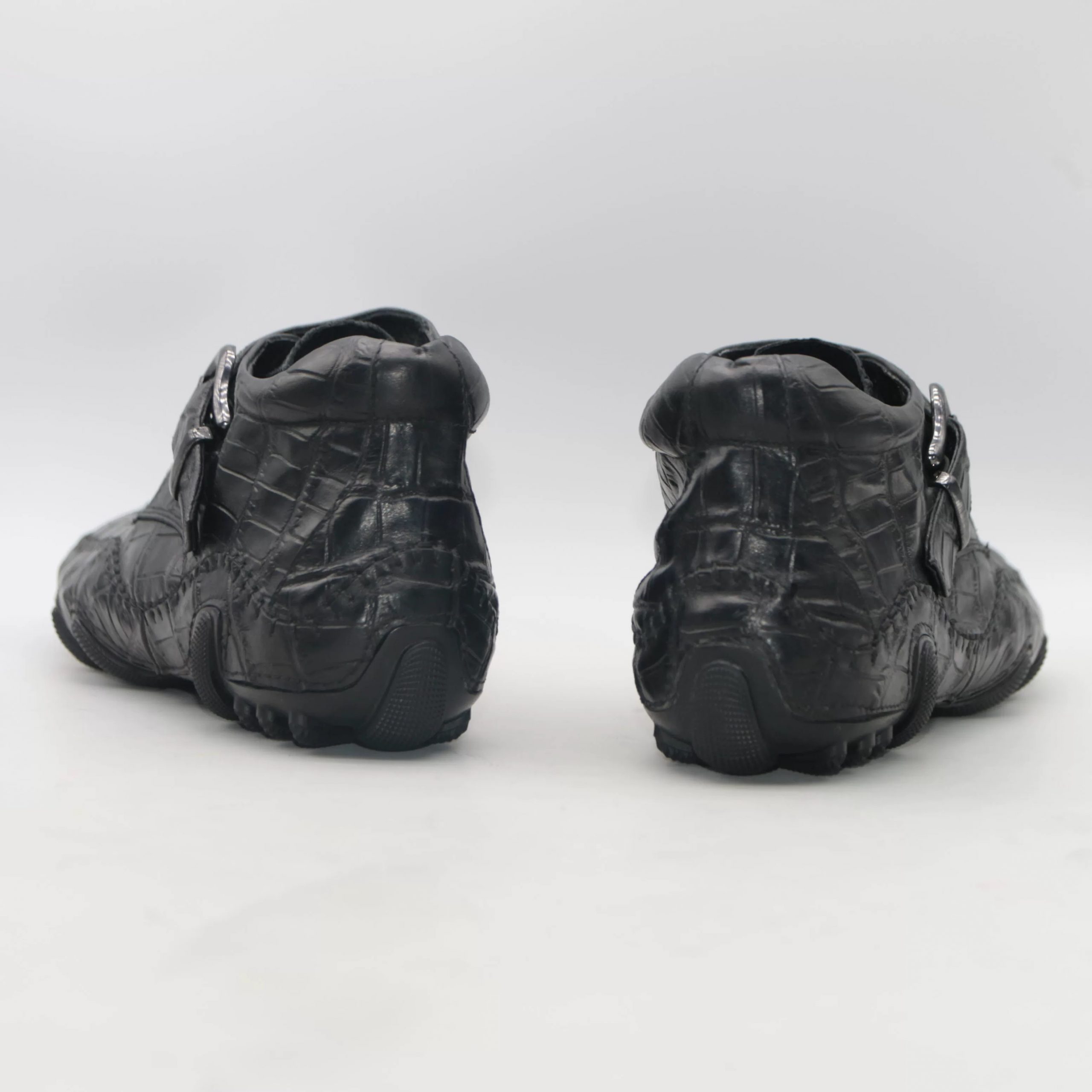 Men's Leather Crocodile Pattern Black Buckled Loafers - Image 8