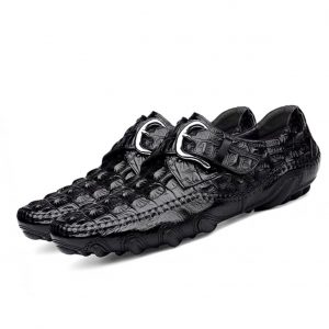 Men's Leather Crocodile Pattern Black Buckled Loafers
