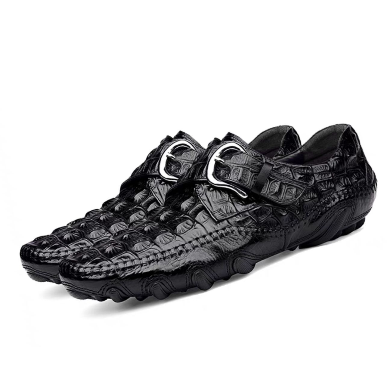 Men's Leather Crocodile Pattern Black Buckled Loafers
